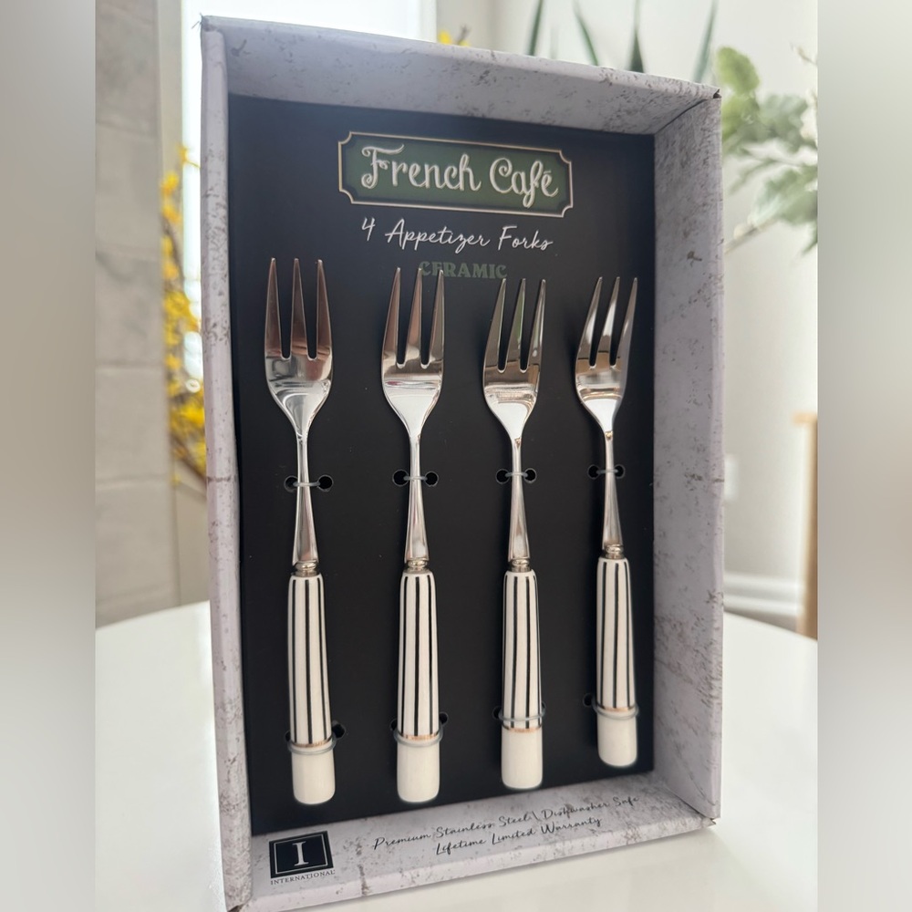 New! 🇫🇷LIMITED EDITION French Cafe Stainless Steel Ceramic Appetizer Forks 4-pc